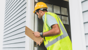 Inspector Conducting a Rental Property Check Man in Yellow Safety Reflective Vest with Hard Hat Doing House Inspection